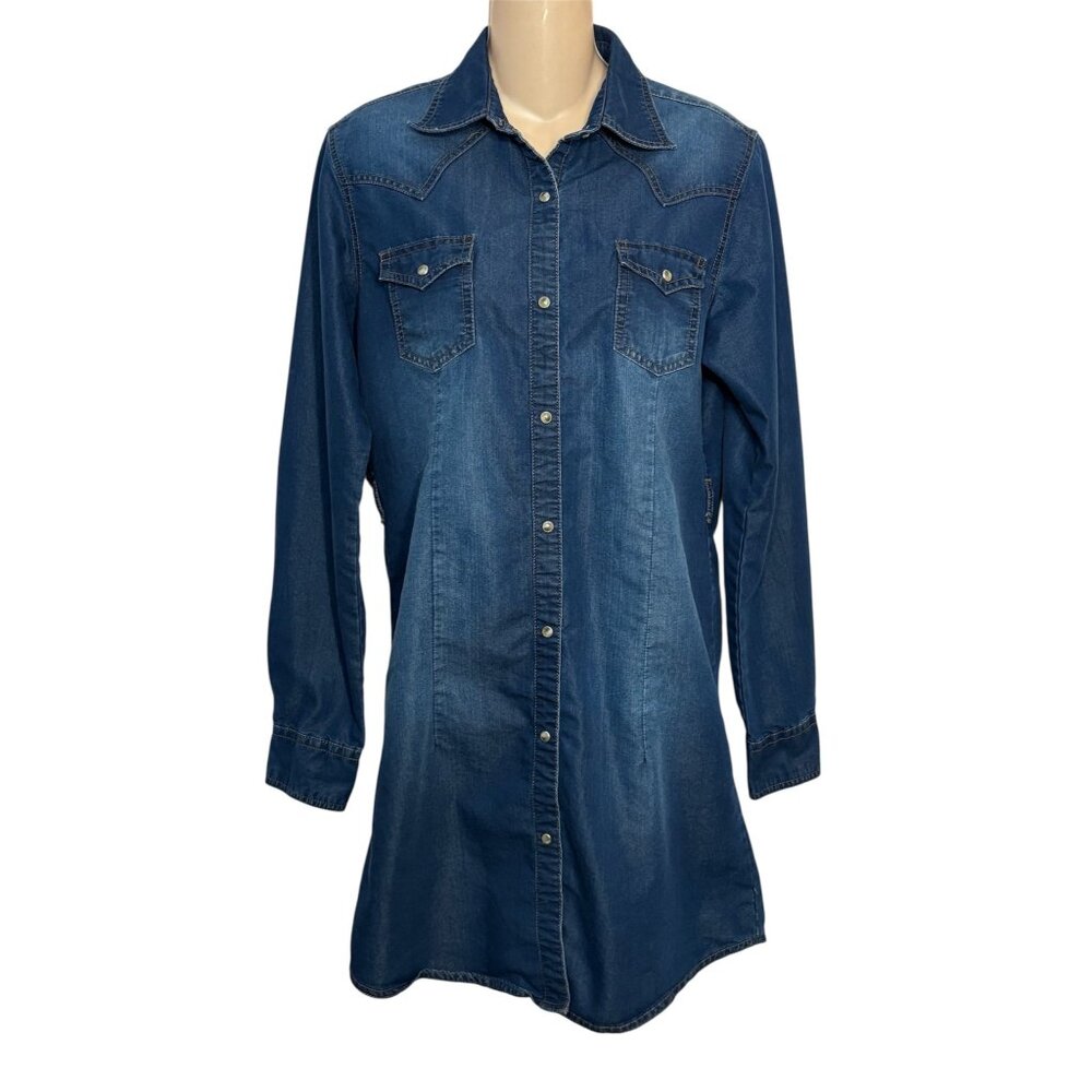 Womens Small Wrangler Retro Western Denim Shirt Dress Pearl Snap Long Sleeves